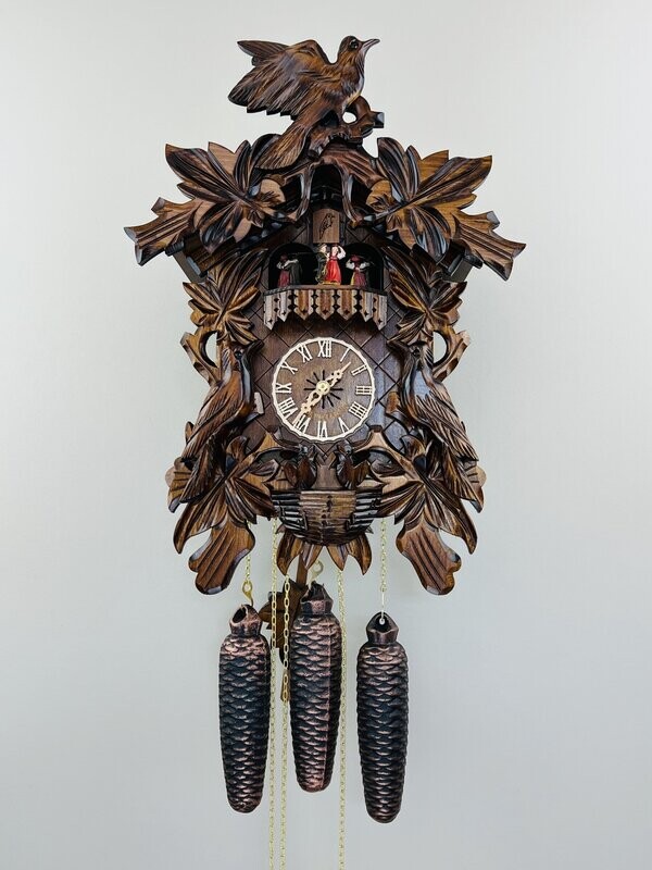 17" Eight Day Musical Cuckoo Clock with Hand-carved Birds, Leaves, and Chicks in Nest