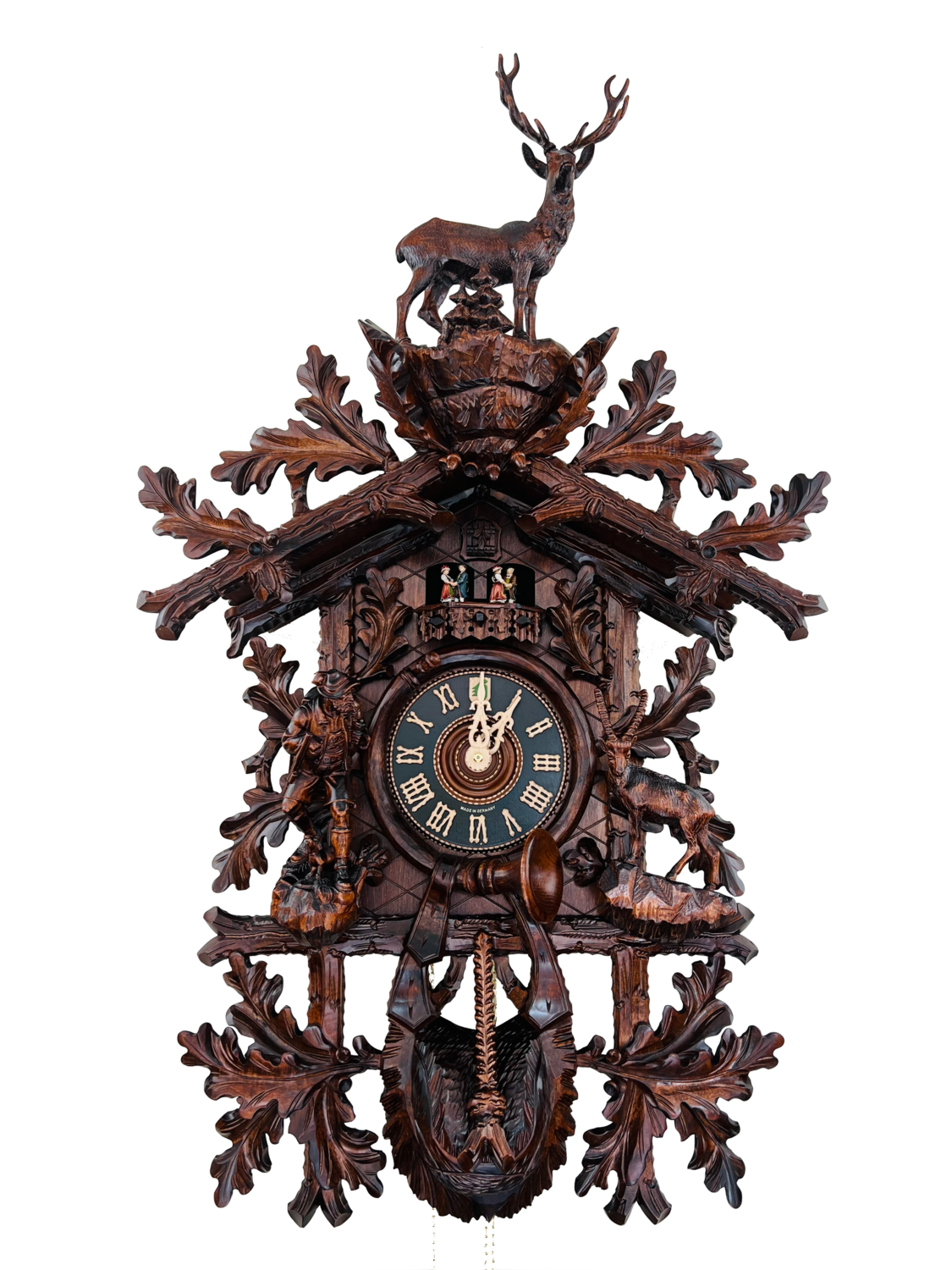 34" Eight Day Musical Cuckoo Clock Hunting Style with Hand Carved Hunter and Ibex