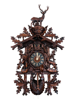 34" Eight Day Musical Cuckoo Clock Hunting Style with Hand Carved Hunter and Ibex