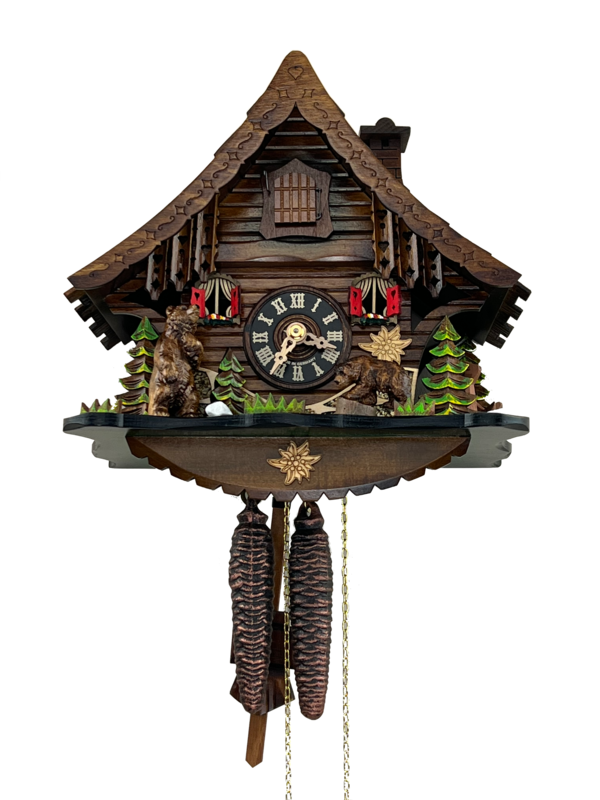 10" One Day Cuckoo Clock Cottage with moving Bear      NEW