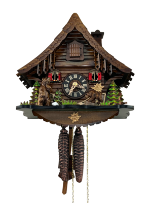 10" One Day Cuckoo Clock Cottage with moving Bear      NEW