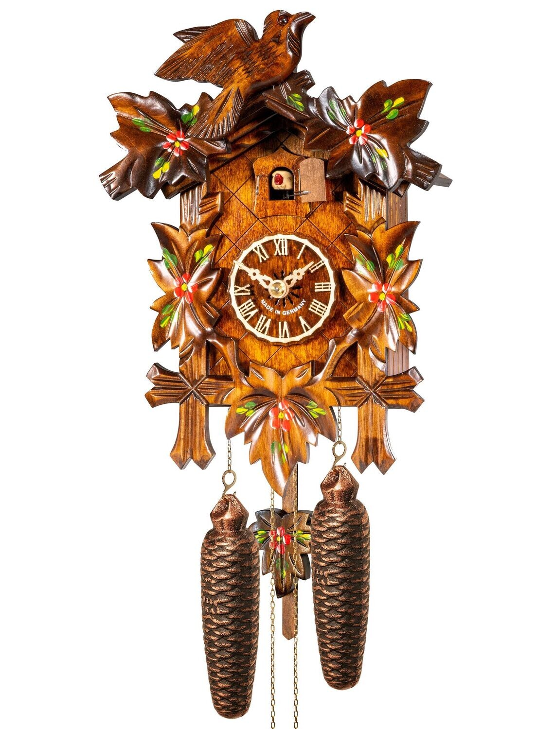 13" Eight Day Cuckoo Clock with Five Hand-Painted Hand-carved Maple Leaves and One Bird