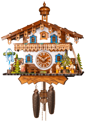 14" Eight Day Chalet Biergarten Cuckoo Clock with Beer Drinkers Drinking Beer, Barmaid and May Pole.
