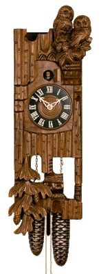 20" Eight Day Owl Cuckoo Clock with Hand-carved Owls, Pine Tree and Flat Clock Face