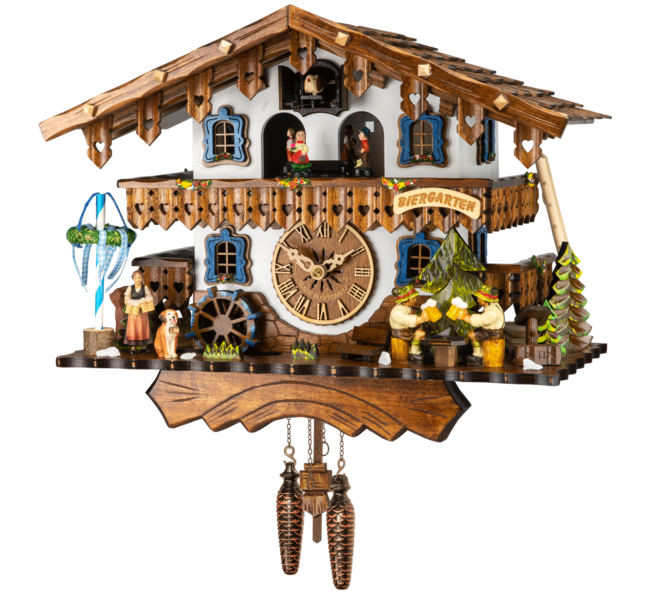 11"  Quartz Chalet Biergarten Cuckoo Clock with Beer Drinkers Drinking Beer, Barmaid, Dancers, 12 Melodies and May Pole.