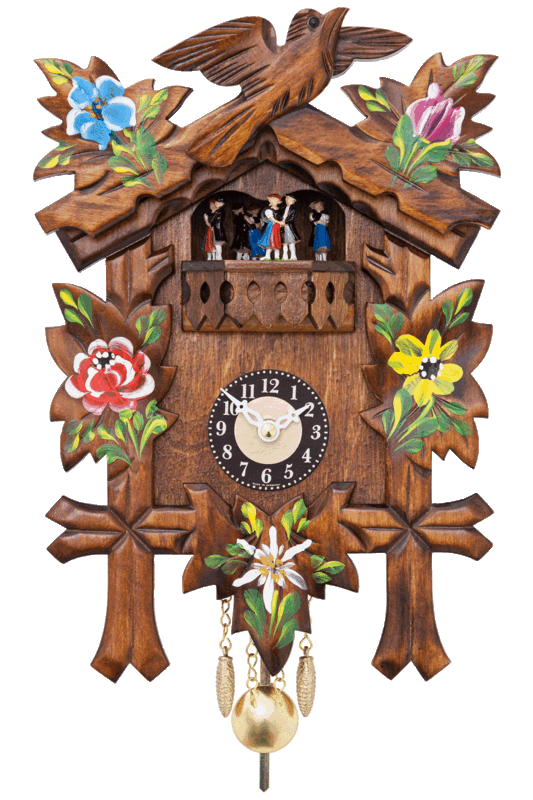 11" Quartz Novelty Clock - Five Leaves & One Bird with Painted Flowers and Moving Dancers