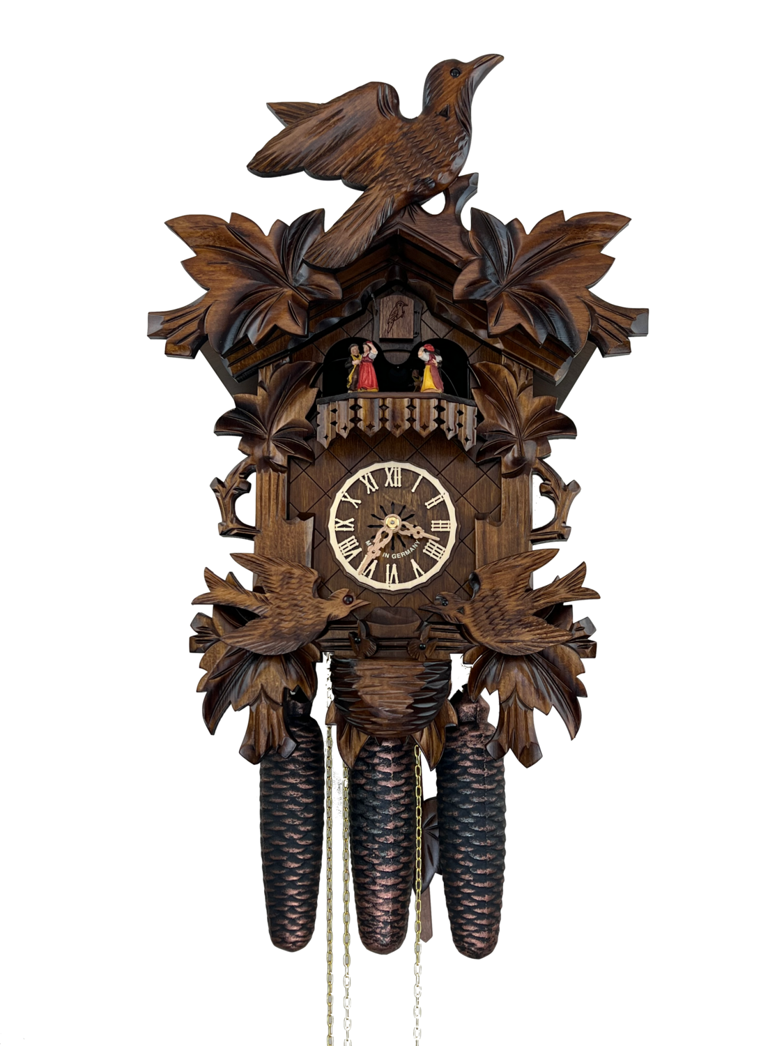 16" Eight Day Musical Cuckoo Clock with Dancers - Moving Birds Feed Bird Nest