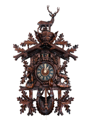 34" Eight Day Musical Cuckoo Clock Hunting Style with Hand Carved Hunter and Ibex