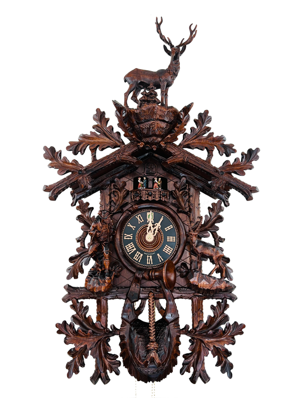 34" Eight Day Musical Cuckoo Clock Hunting Style with Hand Carved Hunter and Ibex