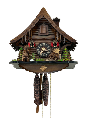 10" One Day Cuckoo Clock Cottage with moving Bear      NEW