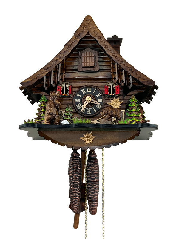 10" One Day Cuckoo Clock Cottage with moving Bear      NEW