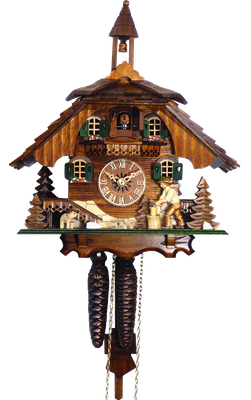 12" One Day Cuckoo Clock Cottage with Man Chopping Wood