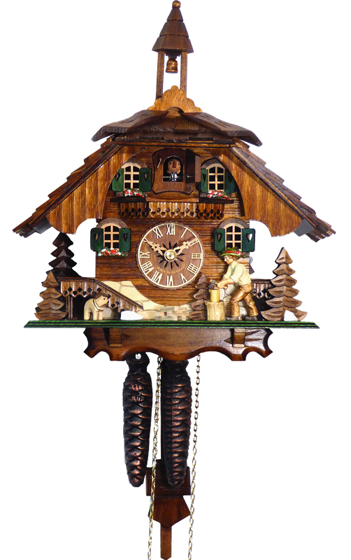 12" One Day Cuckoo Clock Cottage with Man Chopping Wood