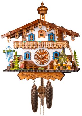 14" Eight Day Chalet Biergarten Cuckoo Clock with Beer Drinkers Drinking Beer, Barmaid and May Pole.