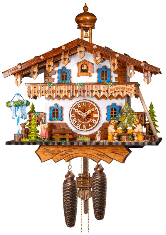 14" Eight Day Chalet Biergarten Cuckoo Clock with Beer Drinkers Drinking Beer, Barmaid and May Pole.