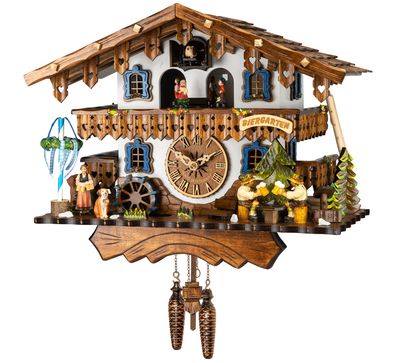 11"  Quartz Chalet Biergarten Cuckoo Clock with Beer Drinkers Drinking Beer, Barmaid, Dancers, 12 Melodies and May Pole.