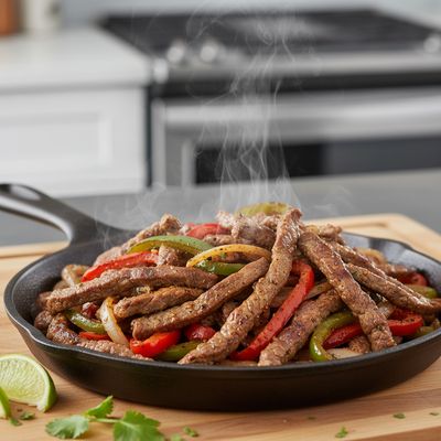 Close-up of raw, pre-cut pasture-raised beef fajita meat strips ready for cooking, showcasing tender texture.
