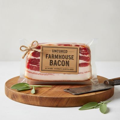 Vacuum-sealed raw Uncured Bacon with visible red meat and white fat on a round wooden board. Non-GMO.