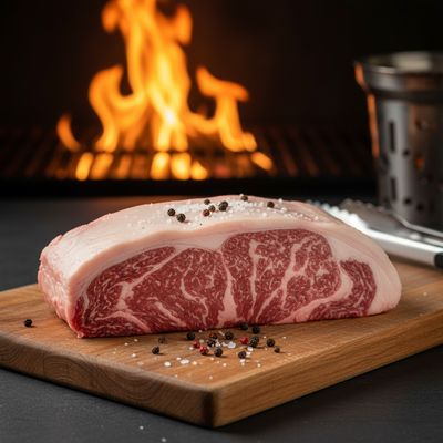 Raw Picanha with beautiful marbling, sprinkled with salt and pepper, on a wooden board ready for grilling.