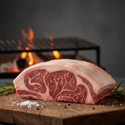 Raw Picanha steak on wooden board with salt, pepper, rosemary and a grill with flames in background.