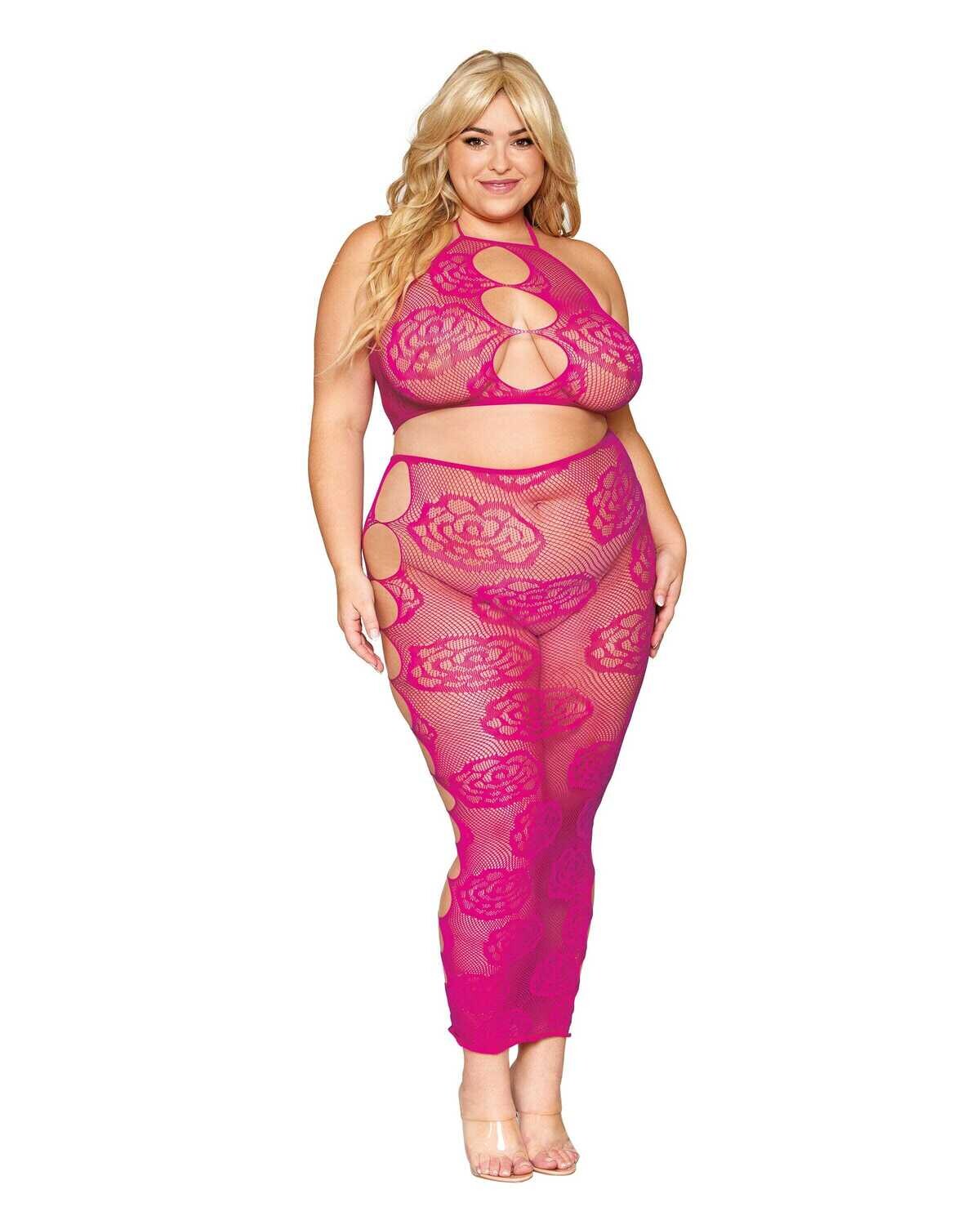 Plus Size Pink Rose Pattern Bralette & Long Skirt
