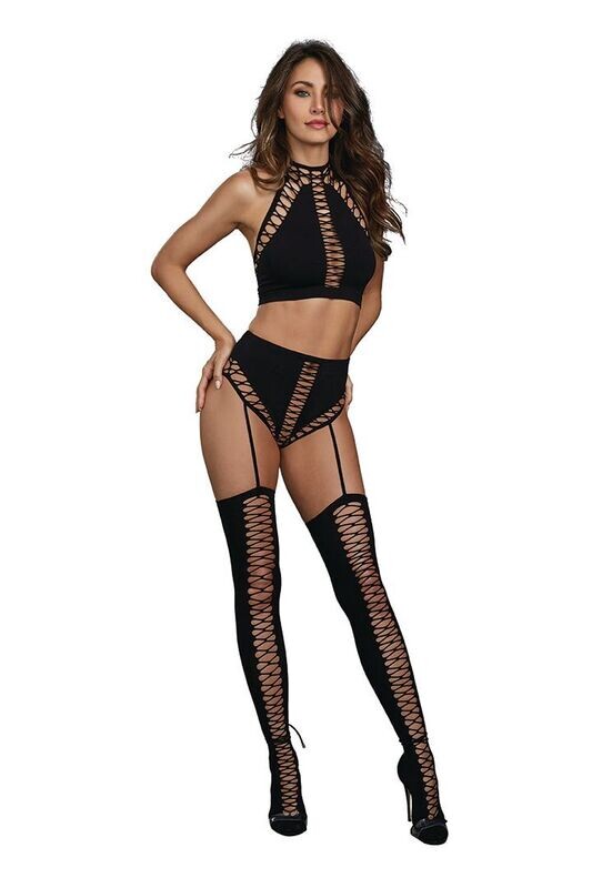 "Ravenous" Black Bralette and Garter with Stocking