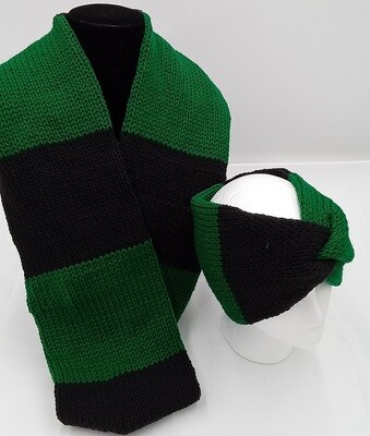 Green and Black Knitted Scarf Set