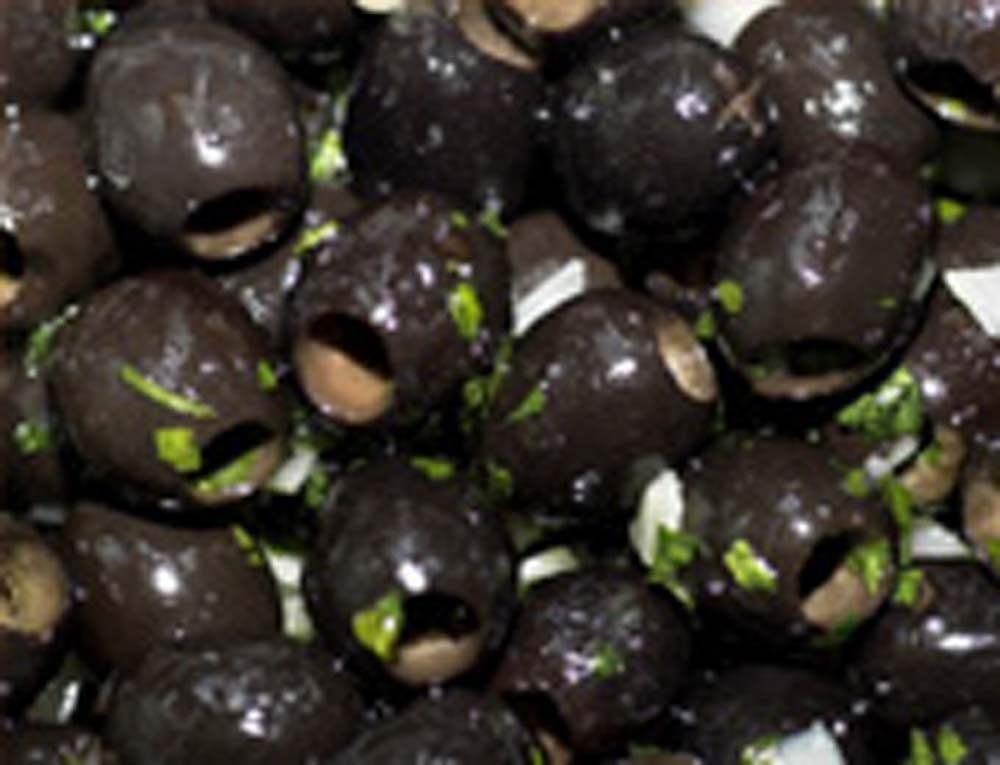 Cod. 042 Olive nere piccole marinate
all'aglio ohne Stein  

