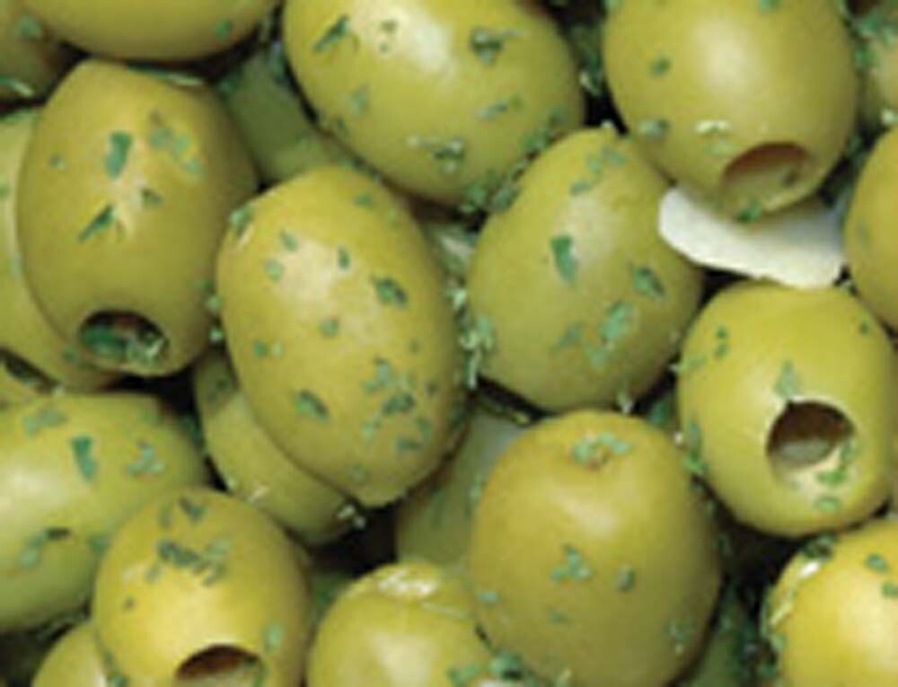 Cod. 038 Olive verdi grandi marinate
all'aglio ohne Stein 
