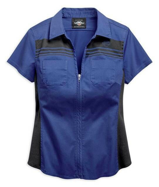 Harley-Davidson® Women's Zip-Front Chest Striped Shirt - Navy Blue