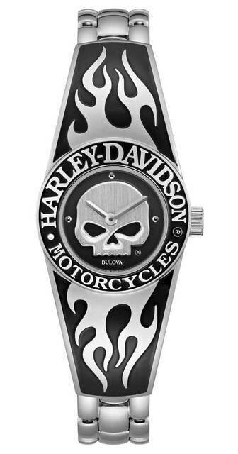 Harley-Davidson Womens Flames Willie G Skull Stainless Steel Bangle Watch