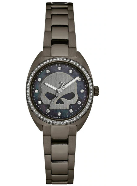 Harley-Davidson® Women's Crystal Willie G Skull Watch, Gunmetal Finish