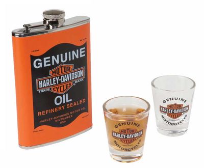 Harley-Davidson® Genuine Oil Can Hip Flask &amp; Shot Glass Gift Set