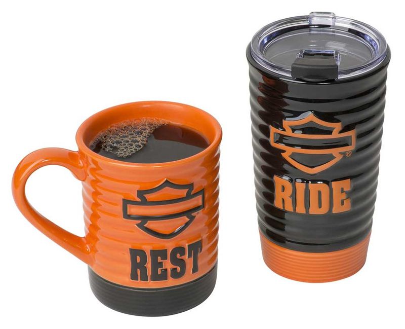 Harley-Davidson® Ride &amp; Rest Travel / Coffee Ceramic Mug Set, Black &amp; Orange