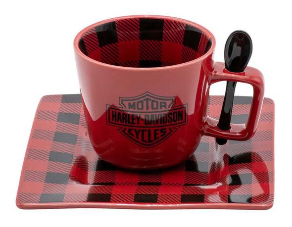 Harley-Davidson® Bar &amp; Shield Red &amp; Black Plaid Ceramic Mug &amp; Saucer Set w/ Spoon