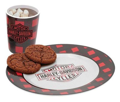 Harley-Davidson® Bar &amp; Shield Red &amp; Black Plaid Snack, Cookie Plate w/ 10 Oz. Cup