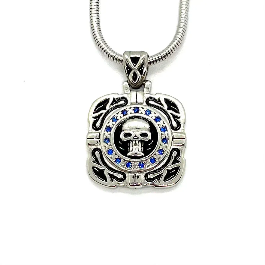 Skull Crystal Bling Pendant 16.5" Necklace Wide Stainless Steel Motorcycle Jewelry