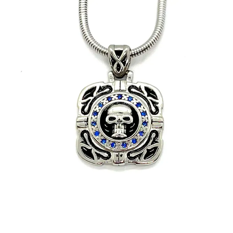 Skull Crystal Bling Pendant 16.5" Necklace Wide Stainless Steel Motorcycle Jewelry