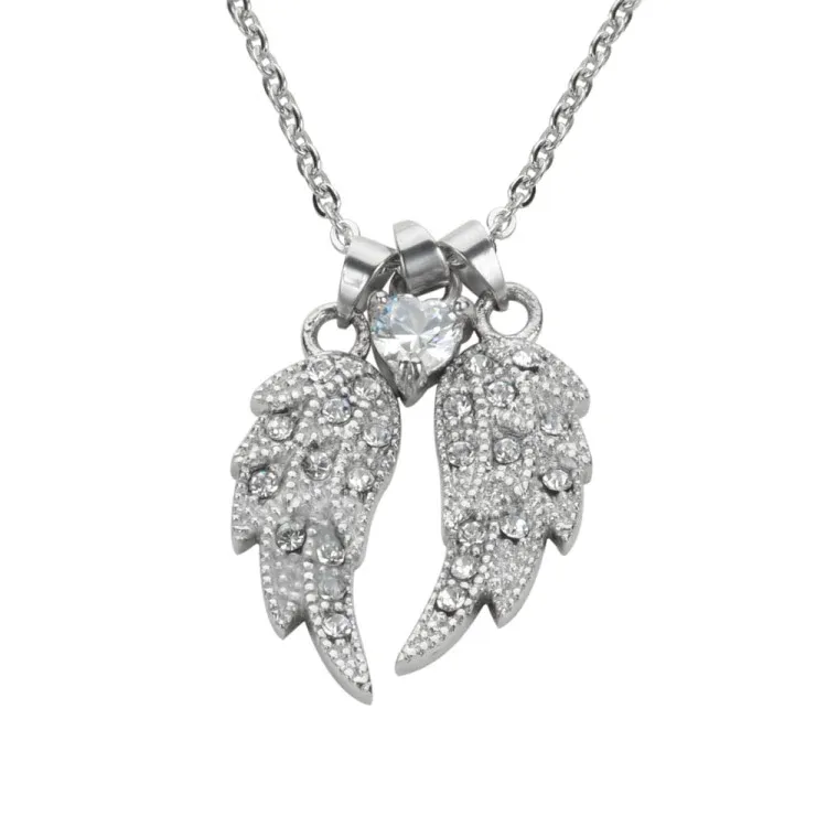 Ladies Double Angel Wing Crystal Heart Shaped Center Stone Necklace 19" 1 1/2" Wide Stainless Steel