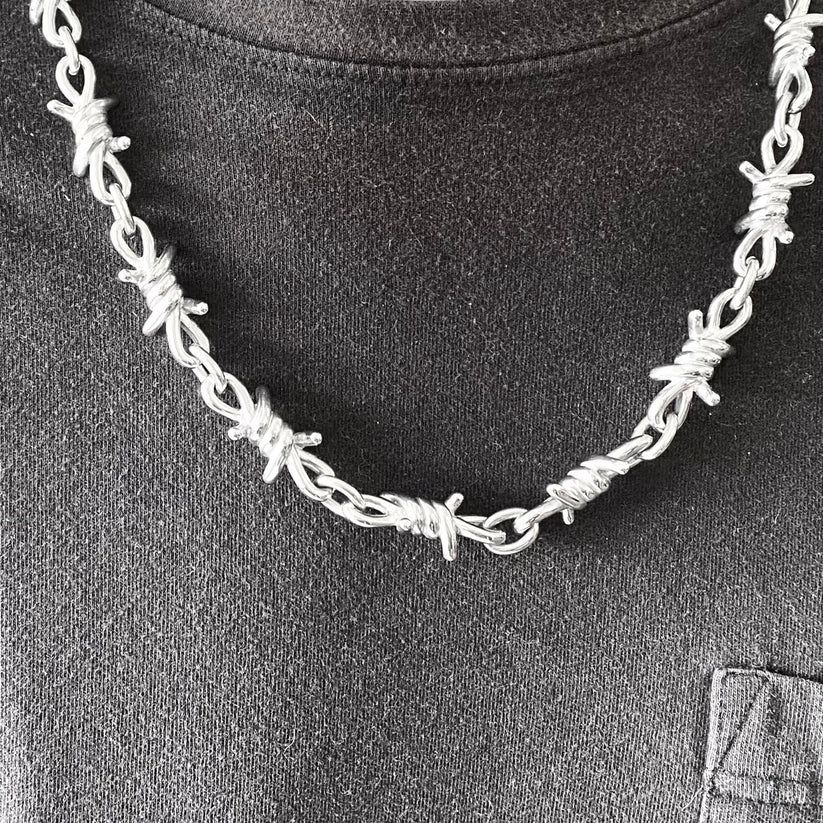 Men's Necklace 26" 15 MM Wide Stainless Steel Barbed Wire Link Design