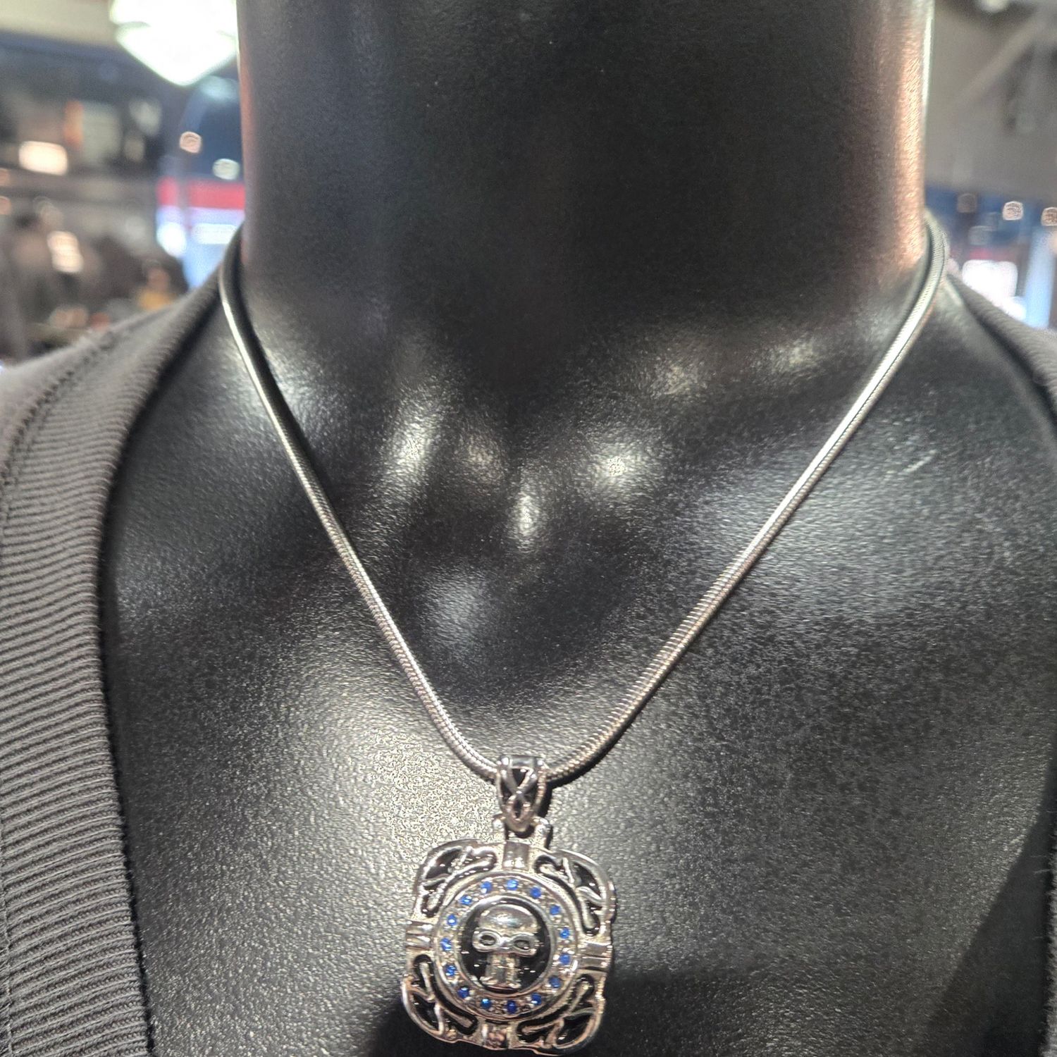 Skull Crystal Bling Pendant 16.5" Necklace Wide Stainless Steel Motorcycle Jewelry