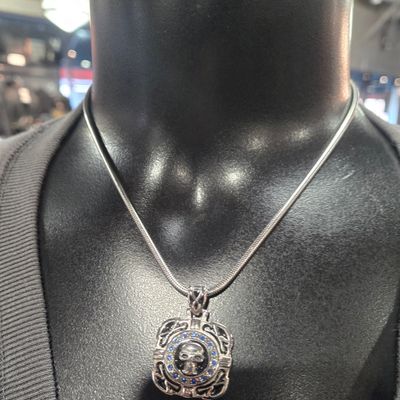 Skull Crystal Bling Pendant 16.5" Necklace Wide Stainless Steel Motorcycle Jewelry