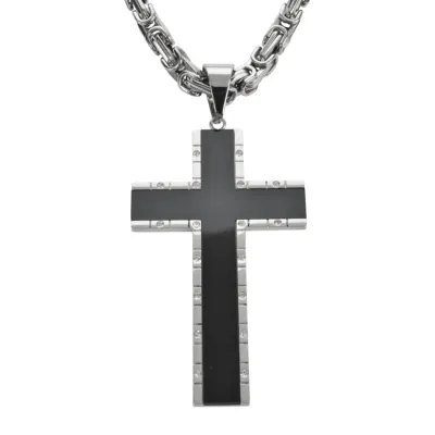2.5" Onyx Inlay Cross With 5 Millimeter Byzantine Necklace 24" Stainless Steel Religious Jewelry
