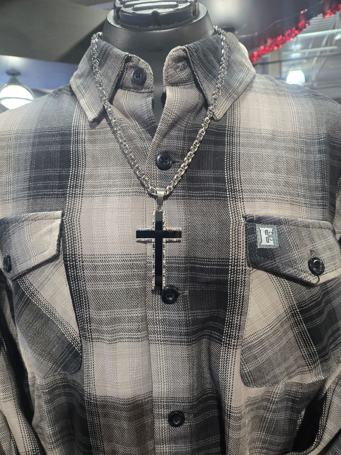 2.5" Onyx Inlay Cross With 5 Millimeter Byzantine Necklace 24" Stainless Steel Religious Jewelry