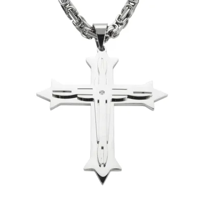 4" Triple Layer Cross With 7 Millimeter Byzantine Necklace 24" Stainless Steel Religious Jewelry