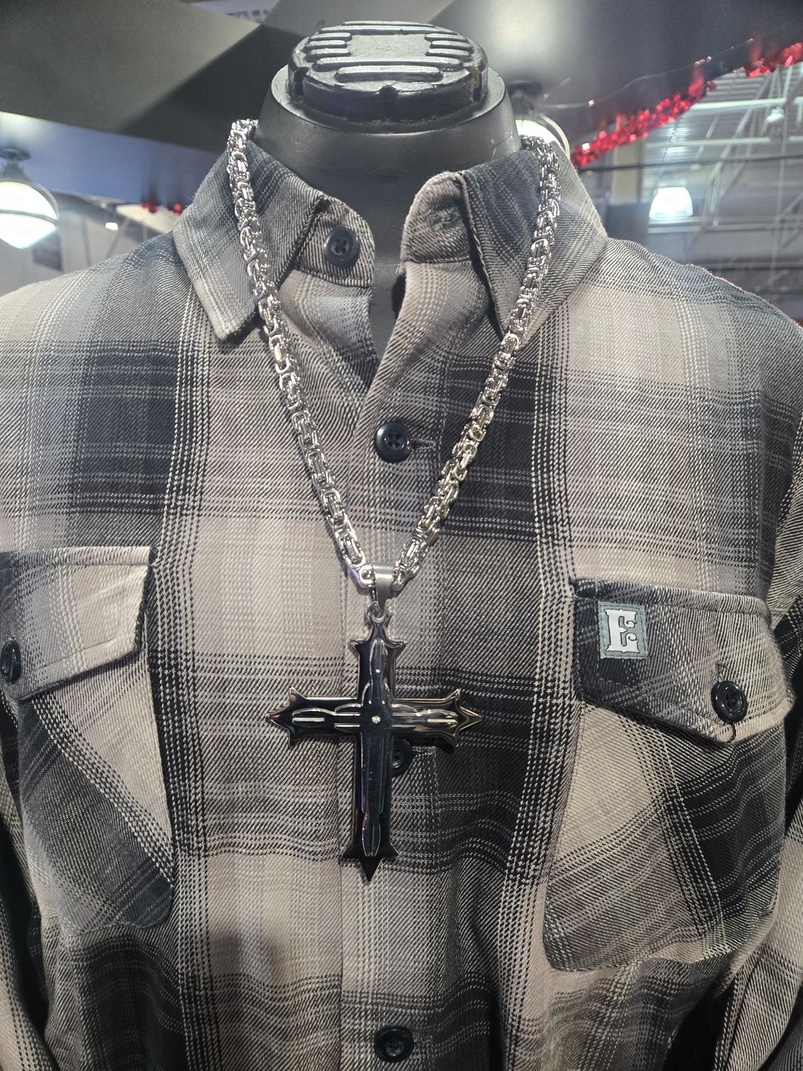 4" Triple Layer Cross With 7 Millimeter Byzantine Necklace 24" Stainless Steel Religious Jewelry