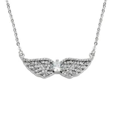 Ladies Double Angel Wing Crystal Pear Shaped Center Stone Necklace 19" 1 1/2" Wide Stainless Steel Motorcycle Jewelry