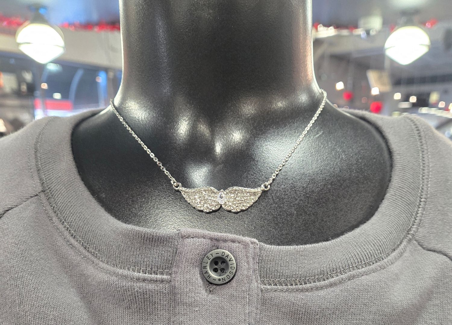 Ladies Double Angel Wing Crystal Pear Shaped Center Stone Necklace 19" 1 1/2" Wide Stainless Steel Motorcycle Jewelry
