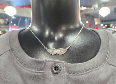 Ladies Double Angel Wing Crystal Pear Shaped Center Stone Necklace 19" 1 1/2" Wide Stainless Steel Motorcycle Jewelry