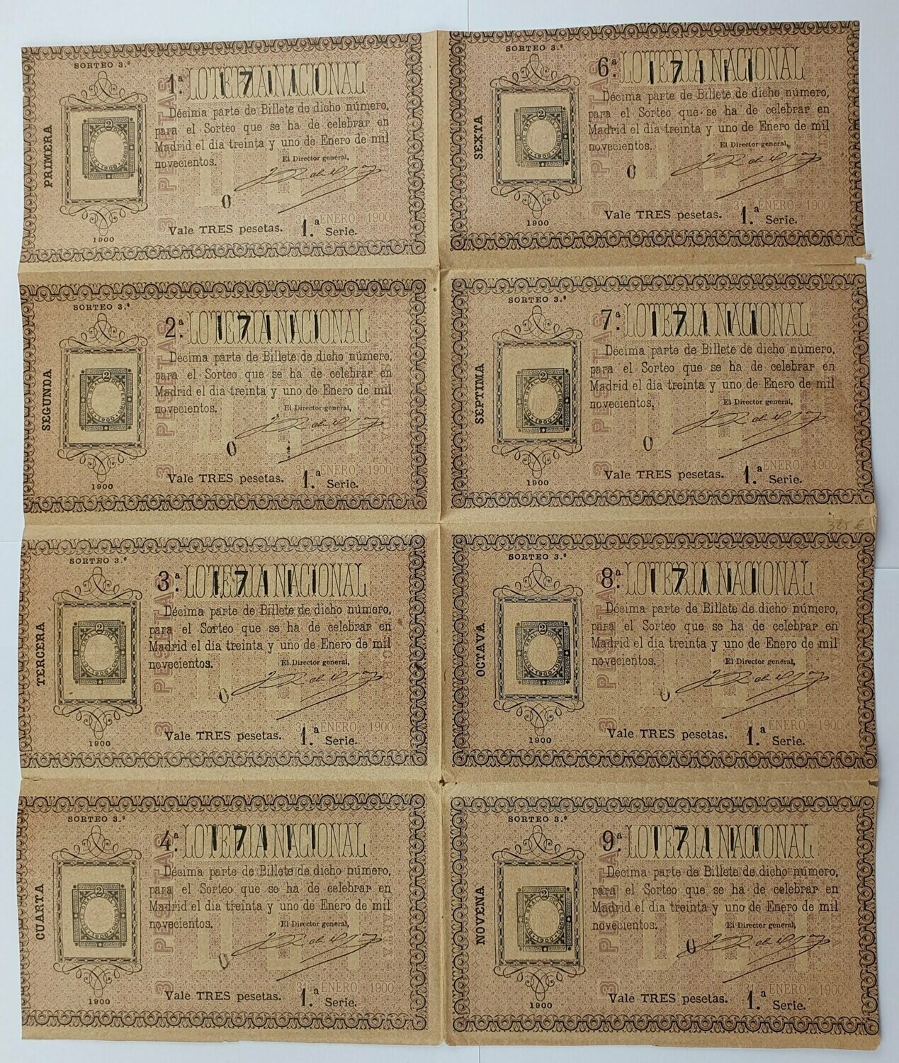 LOTERIA NACIONAL. SORTEO Nº 3 DEL 31 DE ENERO DE 1900. BLOQUE DE 8 SIN CORTAR